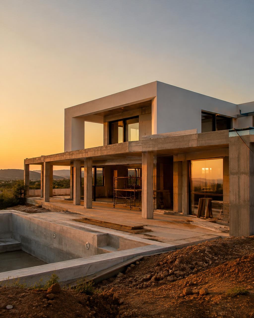 Edificio contemporaneo in costruzione al tramonto